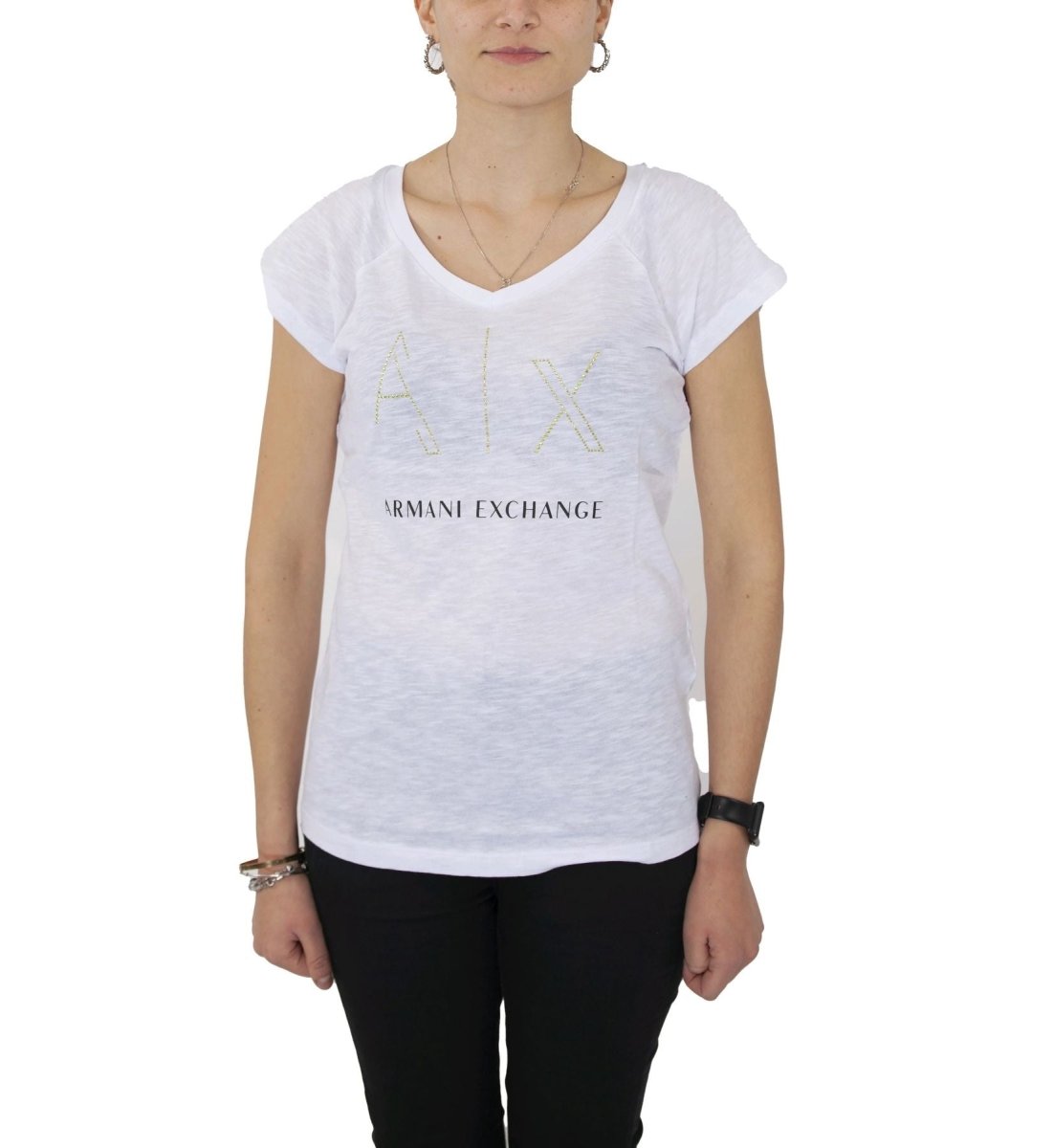 T-shirt con scollo a V e logo strass - Armani Exchange - Taxi Bleu Moda Donna - 2000000025759