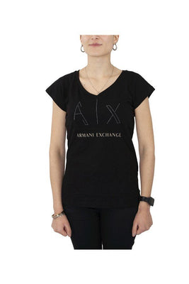 T-shirt con scollo a V e logo strass - Armani Exchange - Taxi Bleu Moda Donna - 2000000025803