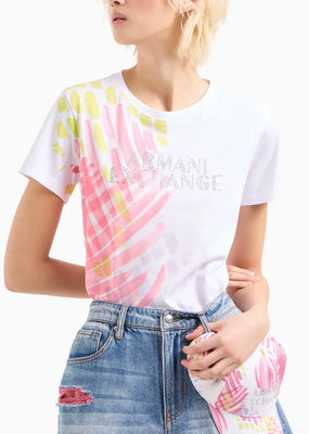 T-shirt stampata con logo strass - Armani Exchange - Taxi Bleu Moda Donna - 2000000079882