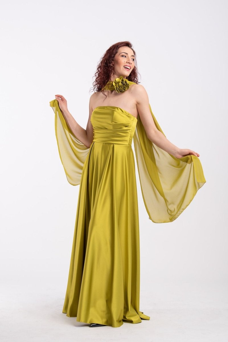 Abito lungo in raso con corpetto a fascia+stola Solo Gioie