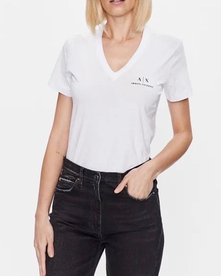 T-shirt scollo a V con logo - Armani Exchange - Taxi Bleu Moda Donna - 2000000026169